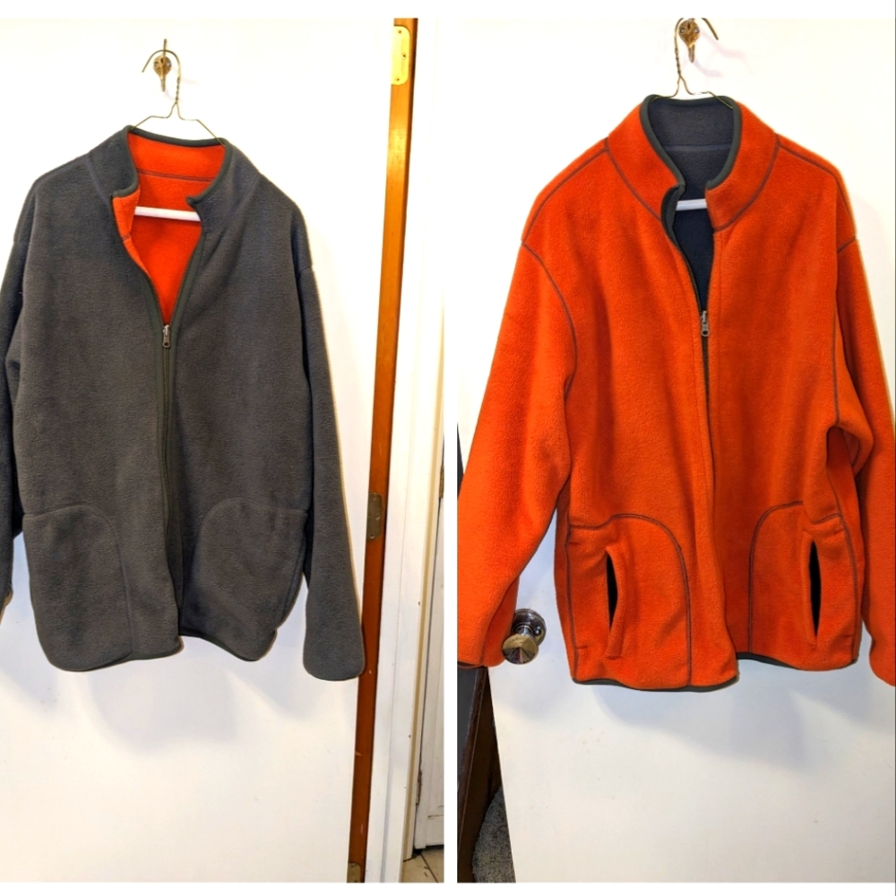 LANDS END Jacket Mens Large Orange/Gray Reversible Two Sided Full Zip Fleece